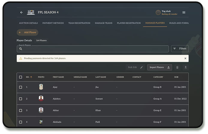 Track and field management dashboard